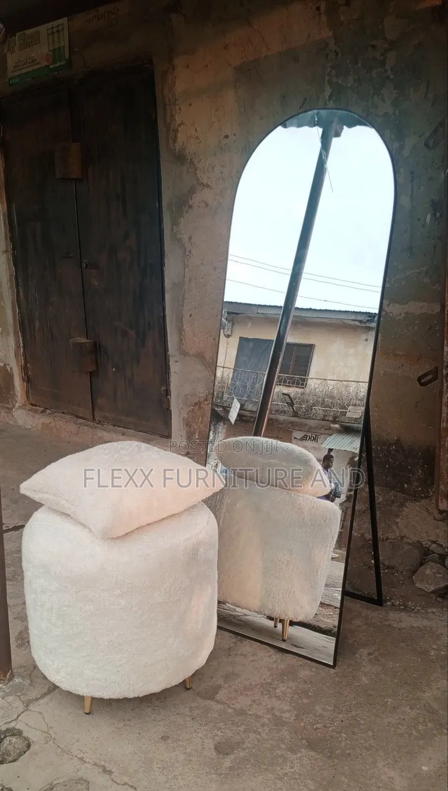 Elegant Standing Mirror and Pouf.