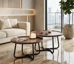 Modern 2-in-1 Round Wooden Nesting Coffee Table Set – Walnut Finish
