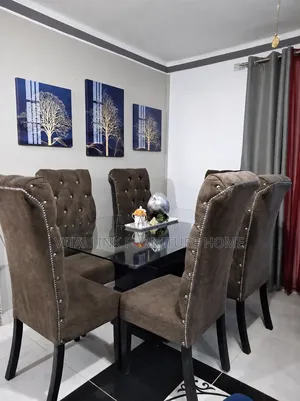 Luxury 6-Seater Dining Set – Brown Velvet Chairs Black Glass Table