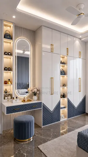 Luxury Wardrobe Vanity Set With Led Mirror, Shelves Ottoman