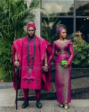 Magenta-Wine Silk Aso-Oke Textured Iridescent Couple Set