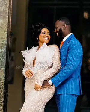 Nude Crystal-Beaded Mermaid Gown Cobalt Blue Pinstripe Suit Set