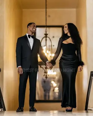 Premium Black Silk-Satin Reception Column Gown Classic Tuxedo Set