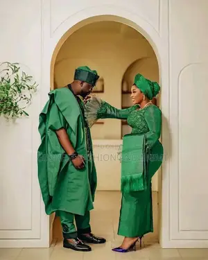 Emerald Textured Aso Oke Agbada Luxe Accordion-Cuff Bridal Gown Set