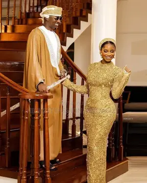 Imperial Gold Heavily Beaded Gown Royal Camel Bisht Three-Piece Set