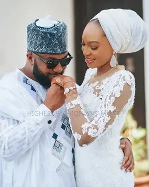 Illusion Lace High-Neck Bridal Gown White Agbada With Tonal Matrix