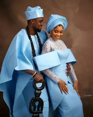 Sky Blue Off-Shoulder Gown With Chantilly Lace Imperial Agbada Set