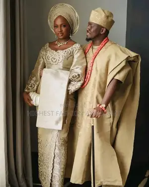 Luxury Champagne Silk-Blend Aso Oke Gown With Cutout Bell Sleeves