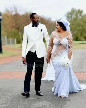 Ethereal White Baroque Beaded Gown Bespoke Ivory Shawl-Lapel Tuxedo