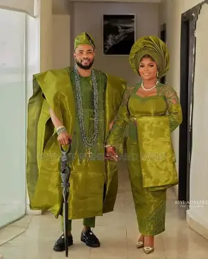 Olive Green Aso Oke Traditional Bridal Groom Ensemble