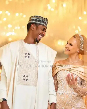 Off Shoulder Champagne Gown and Agbada