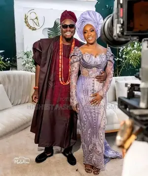 Maroon Agbada Lilac Embellished Lace Bridal Gown