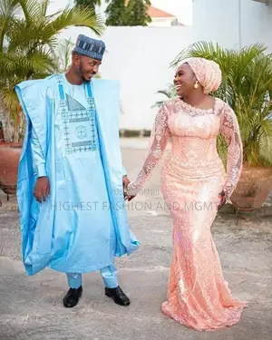 Sky Blue Embroidered Agbada Peach Lace Bridal Gown