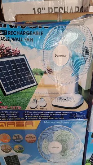 Duravolt 12" 3in1 Rechargeable Fan - Table/Wall + Solar + 2 Led Bulbs