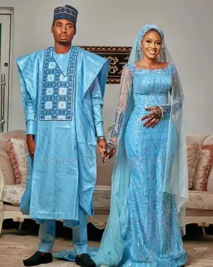 Sky-Blue Embroidered Agbada Embellished Lace Bridal Gown