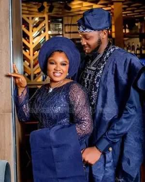 Navy-Blue Embroidered Bridal Gown Matching Agbada Set