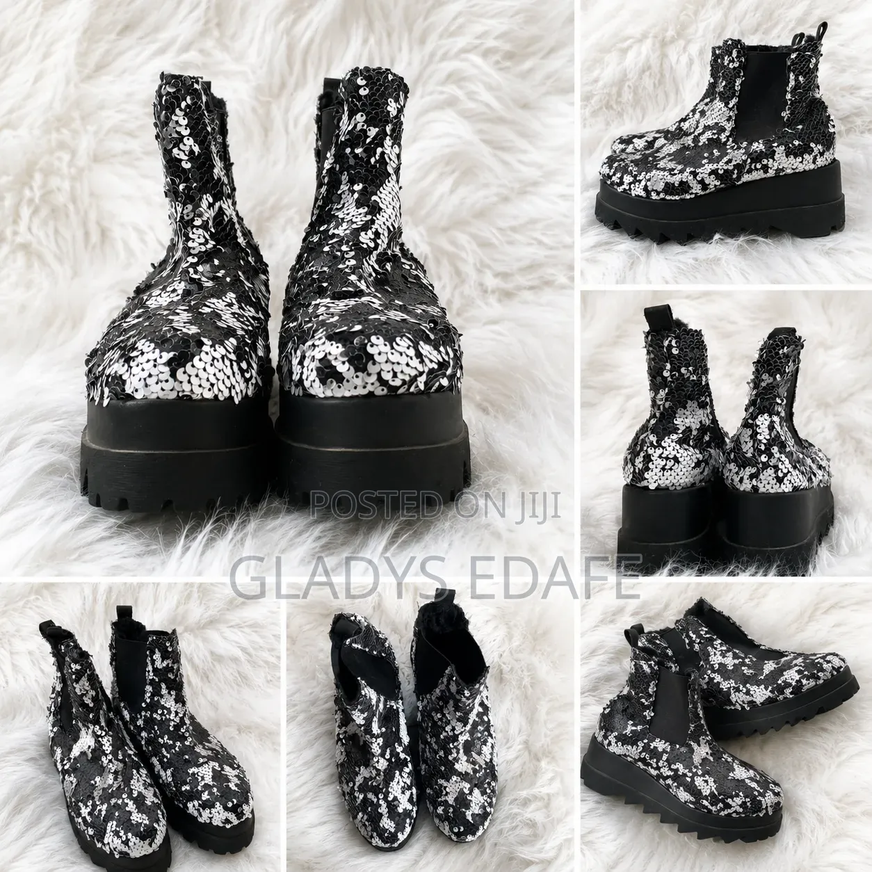 Black and Silver Sequin Platform Chelsea Boot