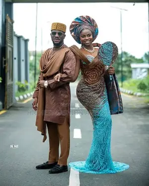 Brown-to-Turquoise Gradient Bridal Gown Matching Men’S Brown Set