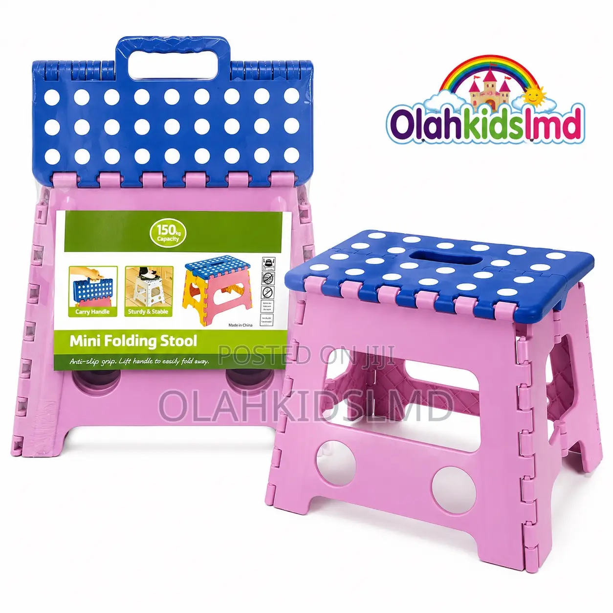Mini Folding Step Stool – Pink Blue, 150kg Capacity, Non-Slip