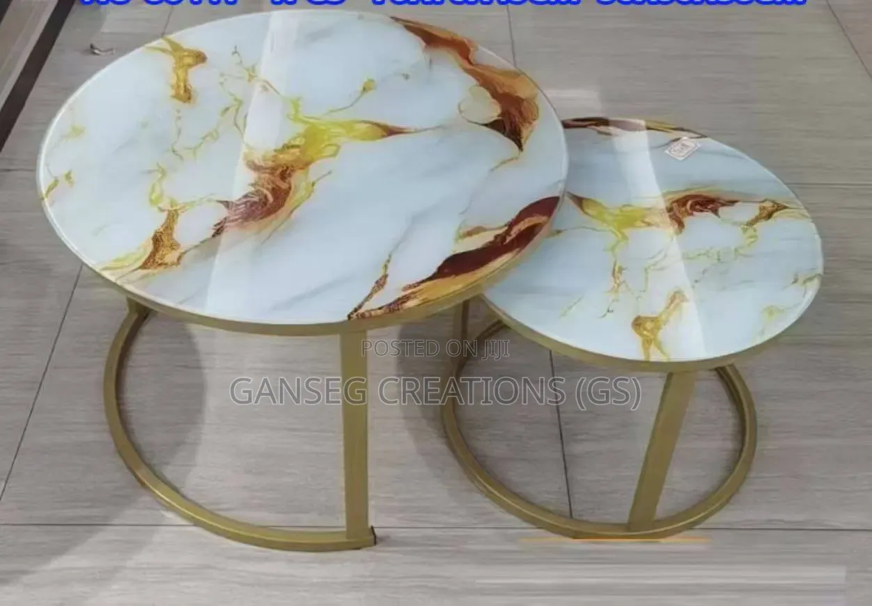 Luxury Round Marble-Pattern Glass Center Tables –Stackable 2-Piece Set