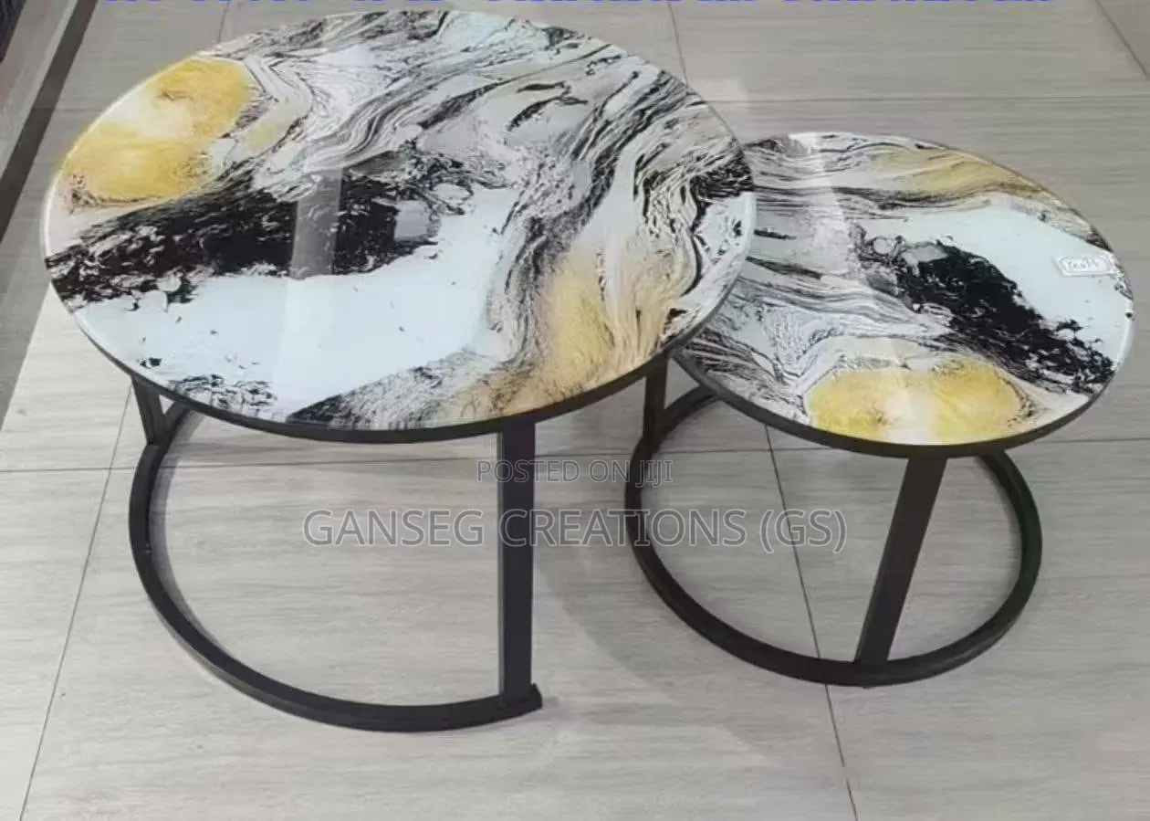 Luxury Round Marble-Pattern Glass Center Tables –Stackable 2-Piece Set