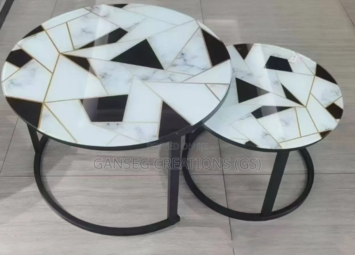 Luxury Round Marble-Pattern Glass Center Tables –Stackable 2-Piece Set