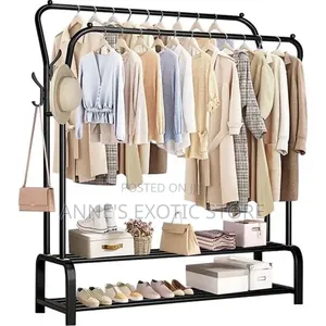 Double Pole Clothes Rack With Storage Shelves – Heavy-duty Organizer