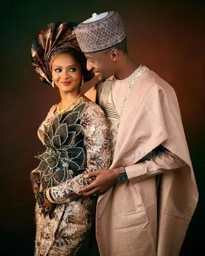 Mocha Floral-Lace Bridal Gown Matching Beige Agbada