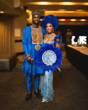 Royal Blue Bridal Ensemble Matching Men’S Agbada