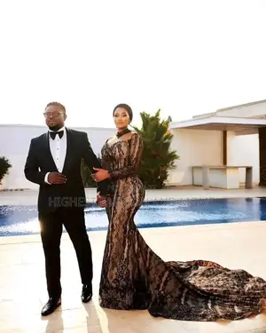Nude Black Lace Mermaid Bridal Gown and Men's Black Tuxedo