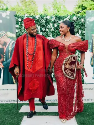 Crimson Embroidered Bridal Gown Matching Groom’S Agbada