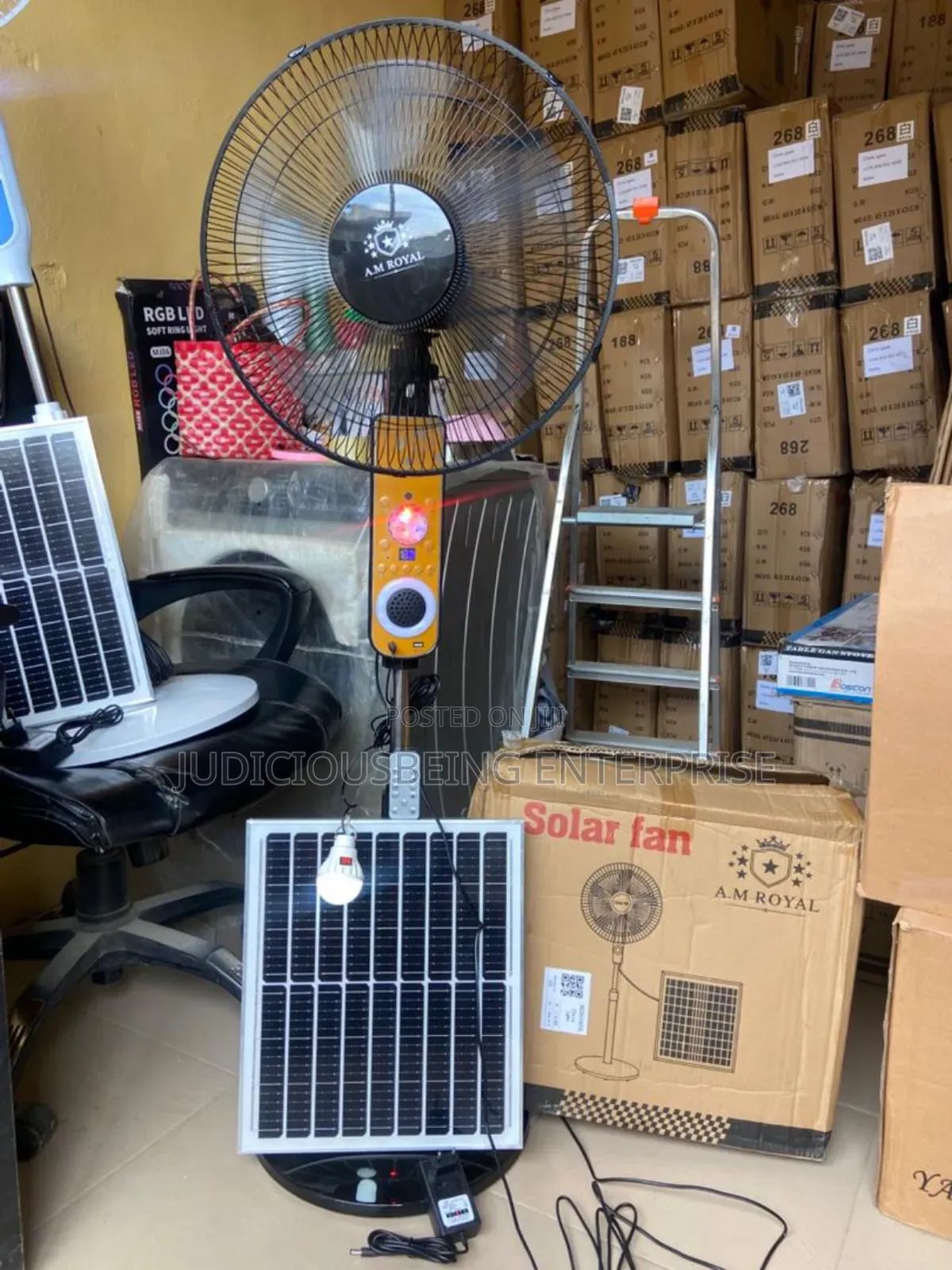 16" Solar Rechargeable Standing Fan Bulb, Mp4 Speaker Remote Control
