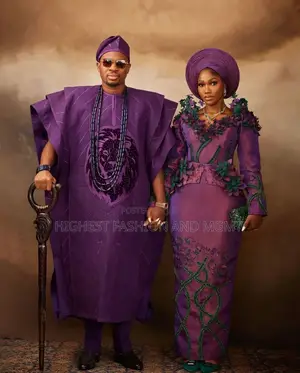 Purple Floral-Appliqué Gown Men’S Lion-Embroidered Agbada