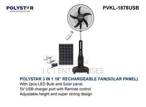 Polystar 18 Inches Rechargeable Fan+ Solar Panel+2bulbs+Remote