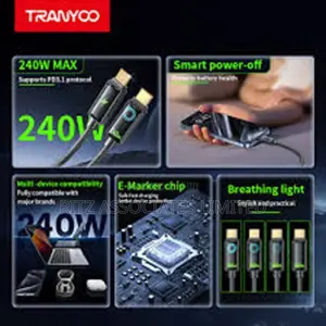 Type C Fast Charging Data Cable 240 Wats Intelligent Phone Laptop Tab