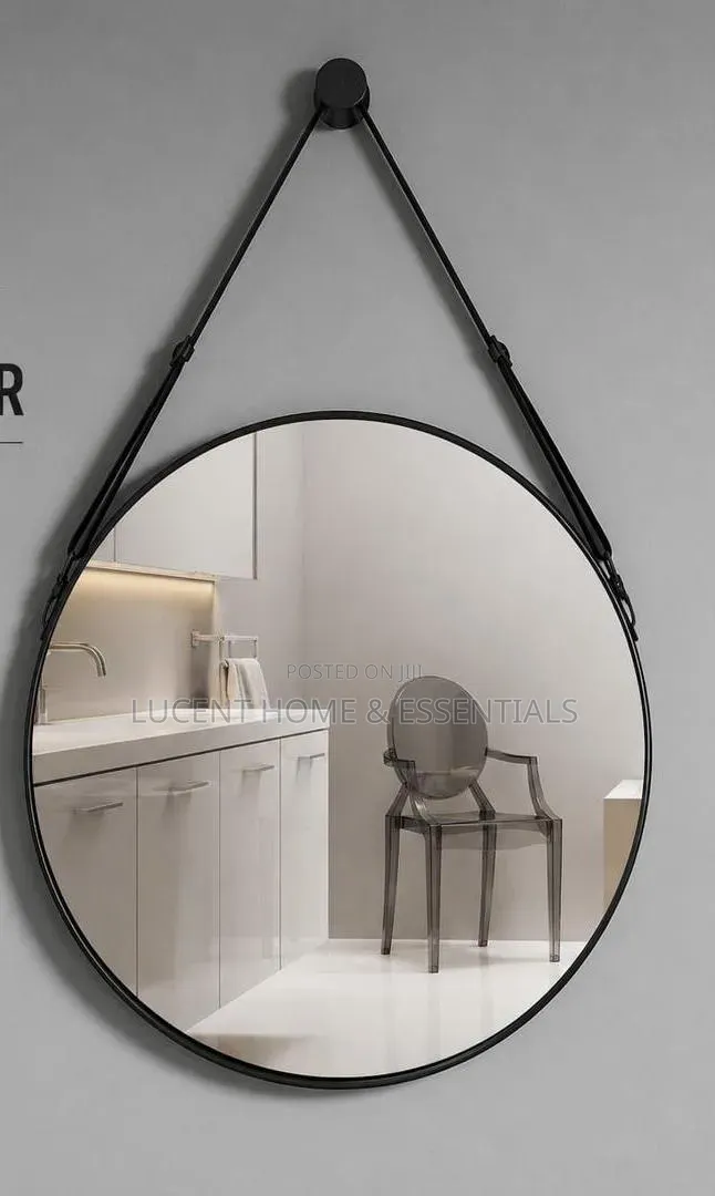 Luxury Round Hanging Wall Mirror With Adjustable Black Strap