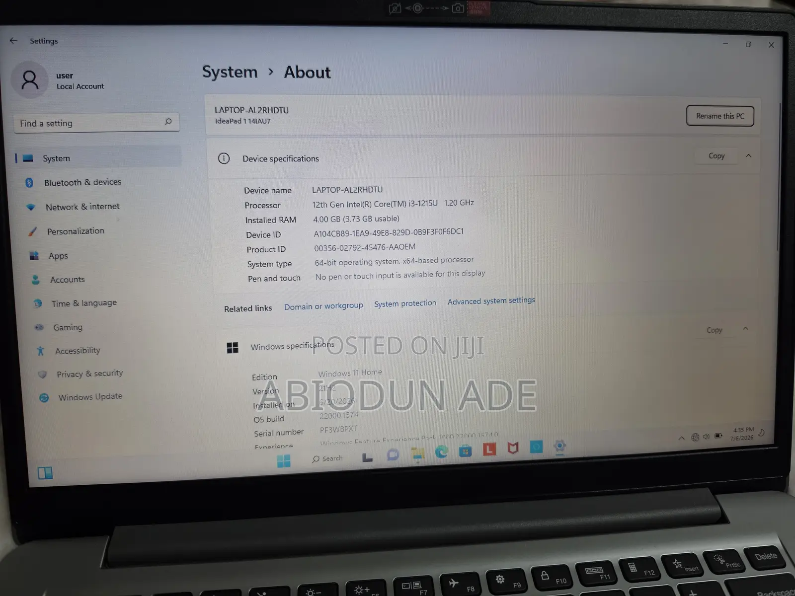 Laptop Lenovo IdeaPad 1 4GB Intel Core i3 SSD 128GB