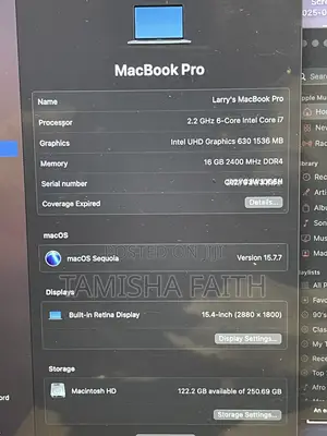 Laptop Apple MacBook Pro 2018 16GB Intel Core i7 SSD 256GB