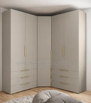 Luxury Matte Beige Corner Wardrobe With Gold Handles Drawers