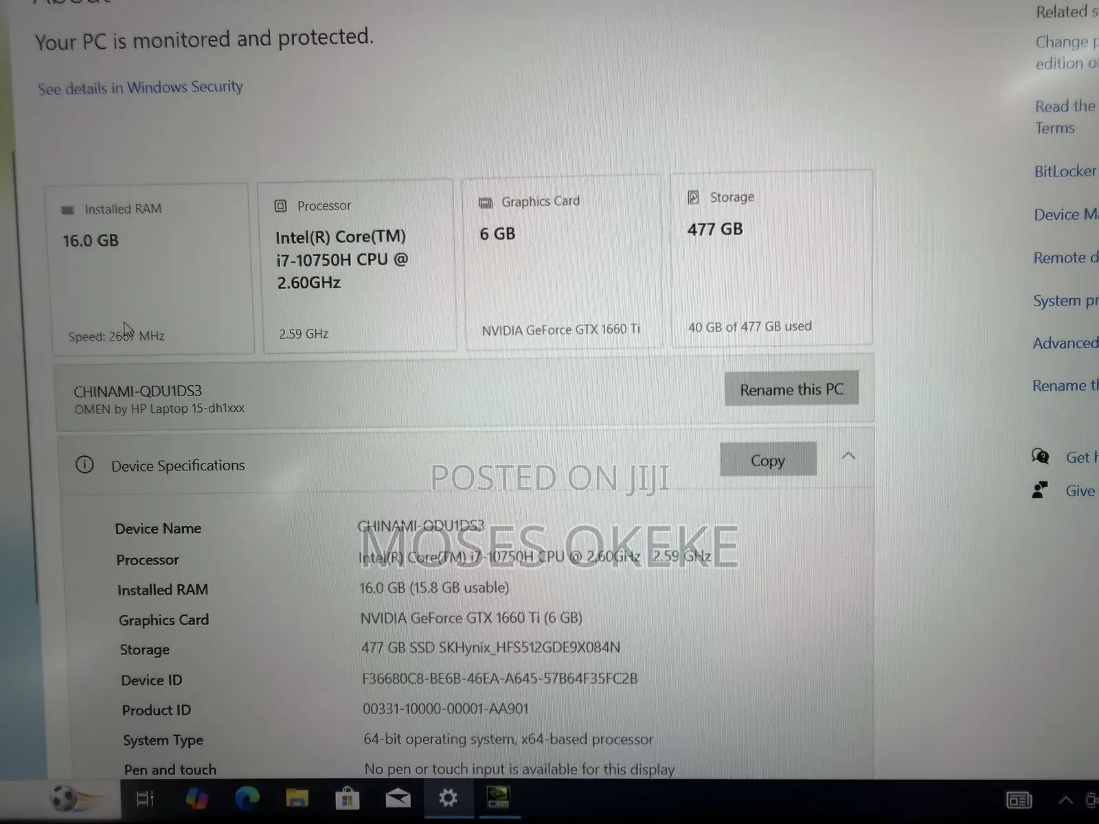 Laptop HP Omen 15-dh002nr 16GB Intel Core i7 SSD 512GB