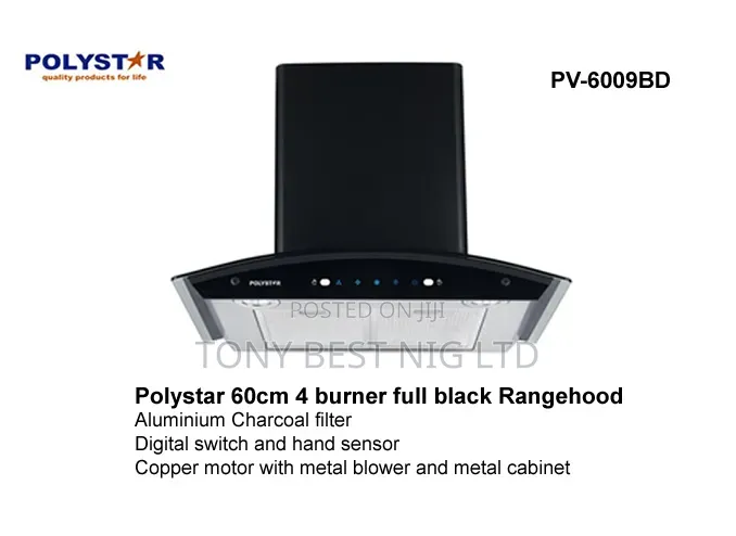 Polystar 60cm 4 Burner Full Black Range Hood