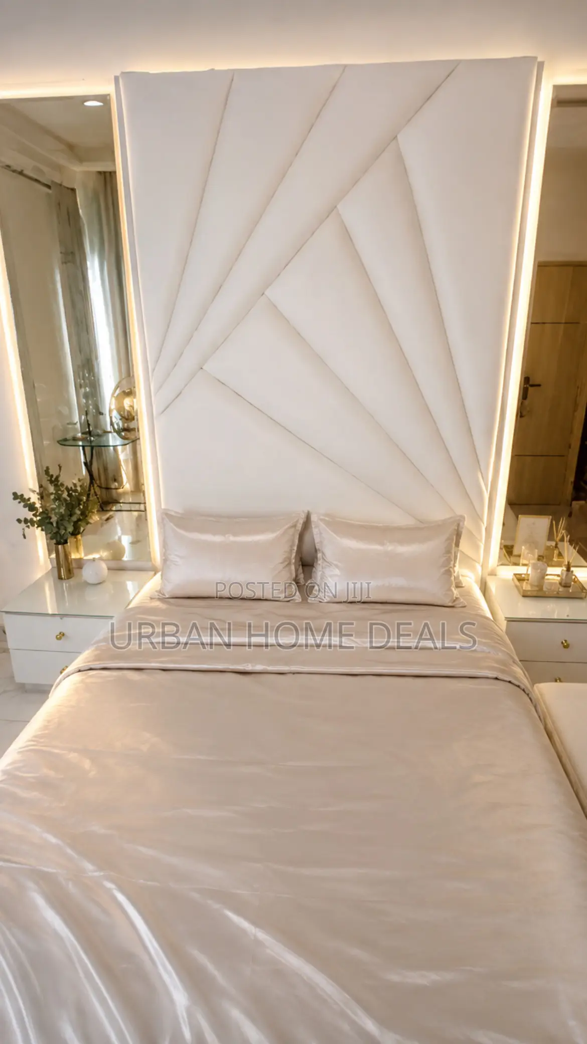 Luxury Upholstered Bed Frame With Side Mirrors Bedside Cabinets