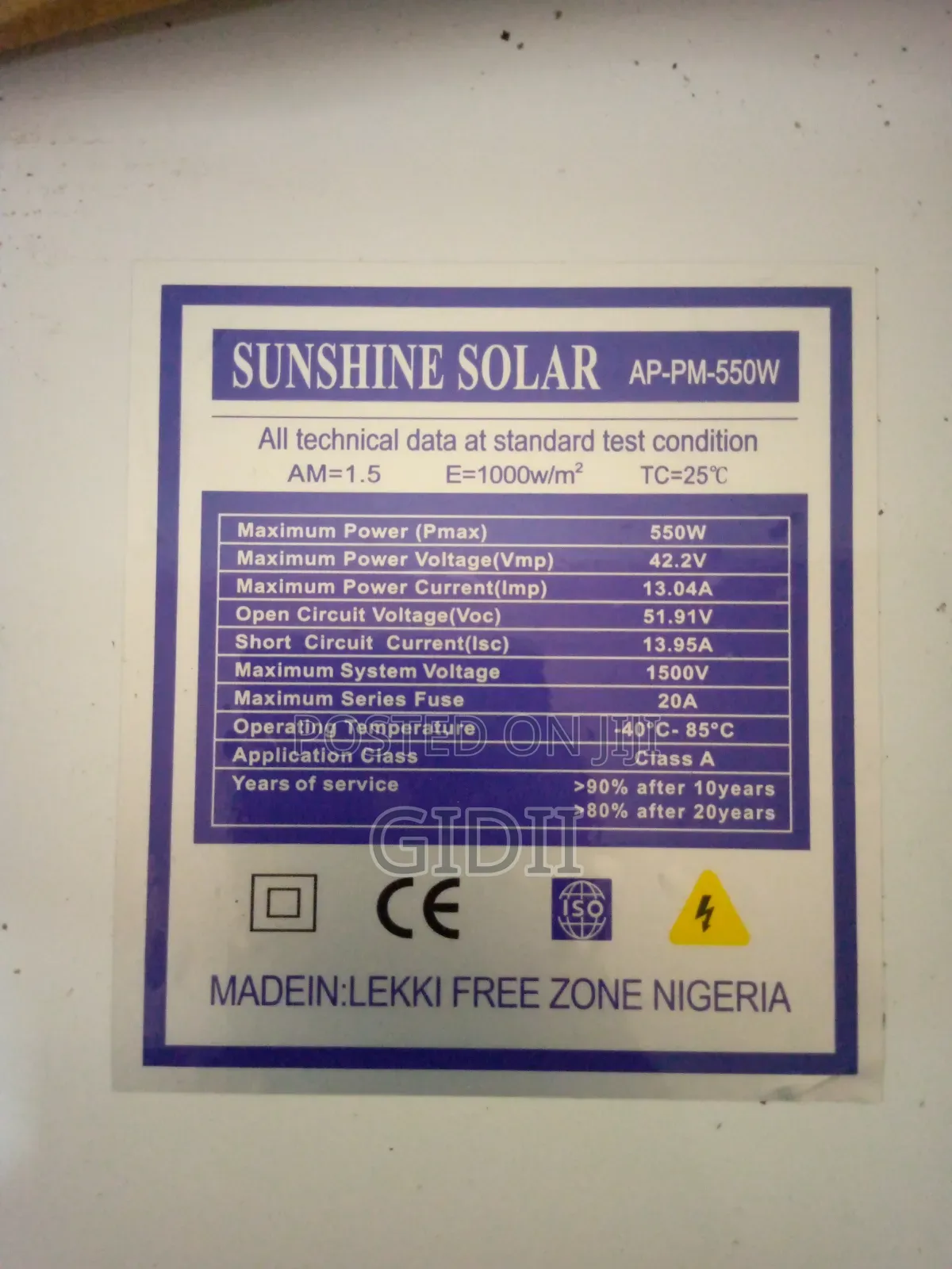 Sunshine Solar 550w Monocrystalline Panel
