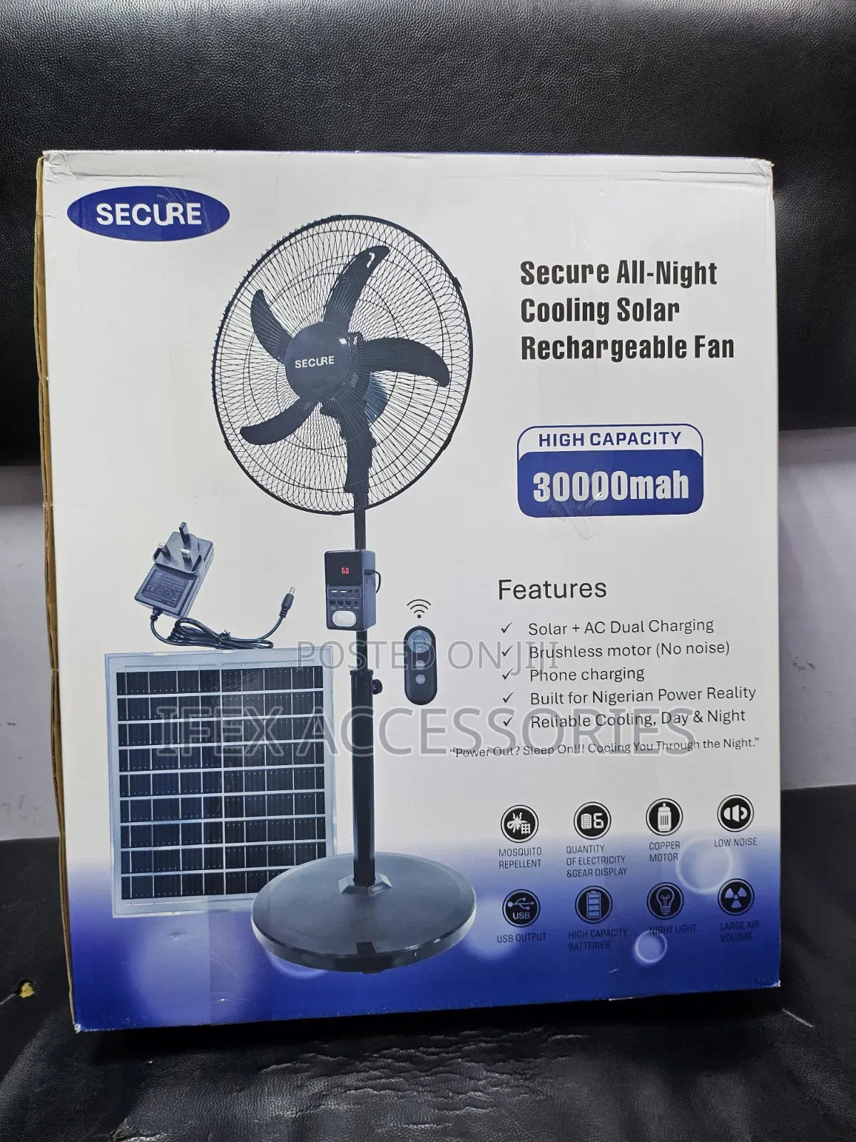 Secure All-Night Cooling Solar Rechargeable Fan (30000mah)(With Panel)