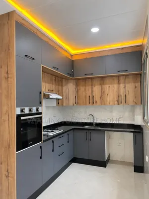 Modern L-Shaped Kitchen Cabinet Set - Grey Wood