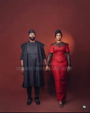 Red Black Patterned Gown With Lace Sleeves Embroidered Agbada