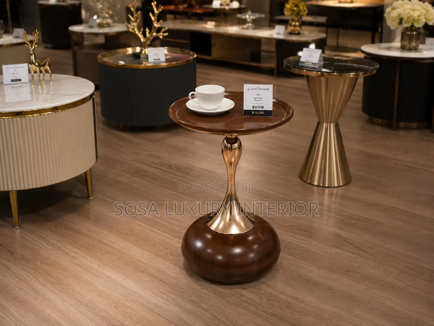Modern Round Wood Side Table With Gold Accents
