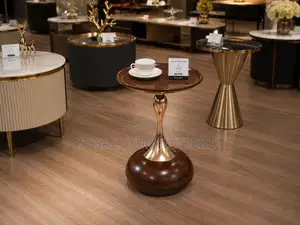 Modern Round Wood Side Table With Gold Accents