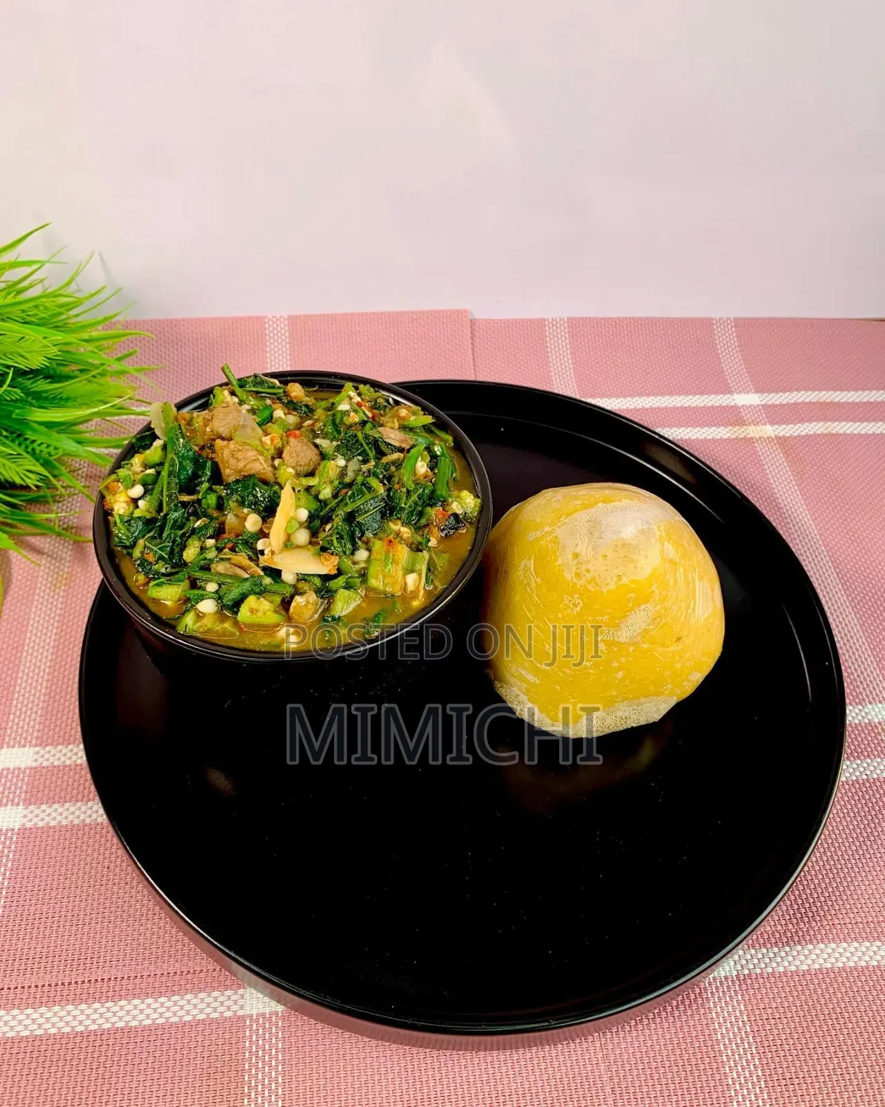 Vegetable Okro and Swallow With Meat