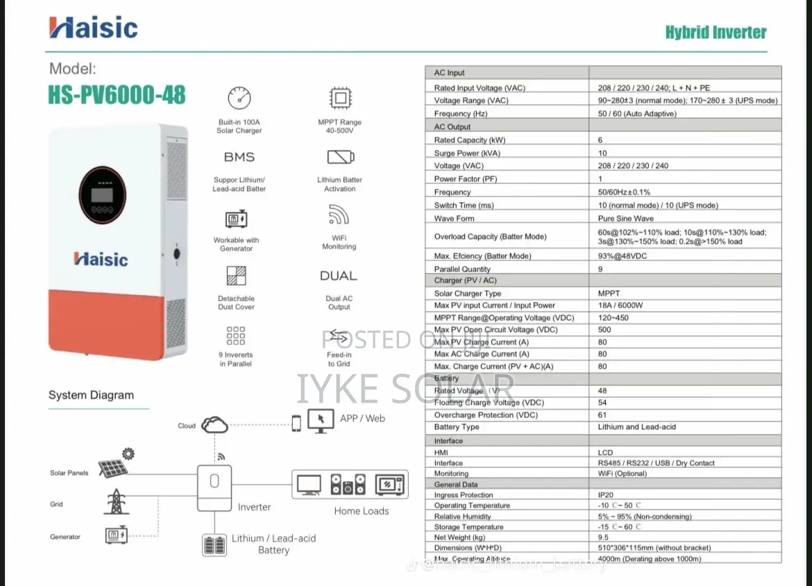 6kva 48v Haisic Hybrid Inverter